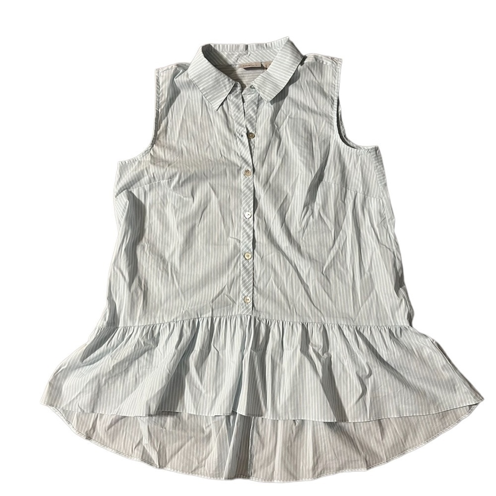 LOGO by Lori Goldstein Womens Striped Button Tank Ruffle Hem Light Blue Size XS